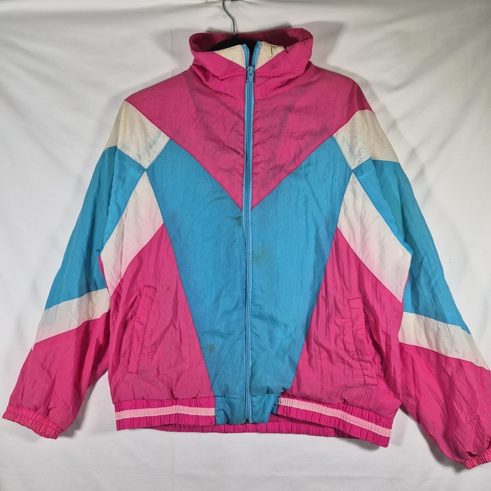 Vintage 80s Center Aisle Windbreaker Small Pink Blue Colorblock Nylon Jacket